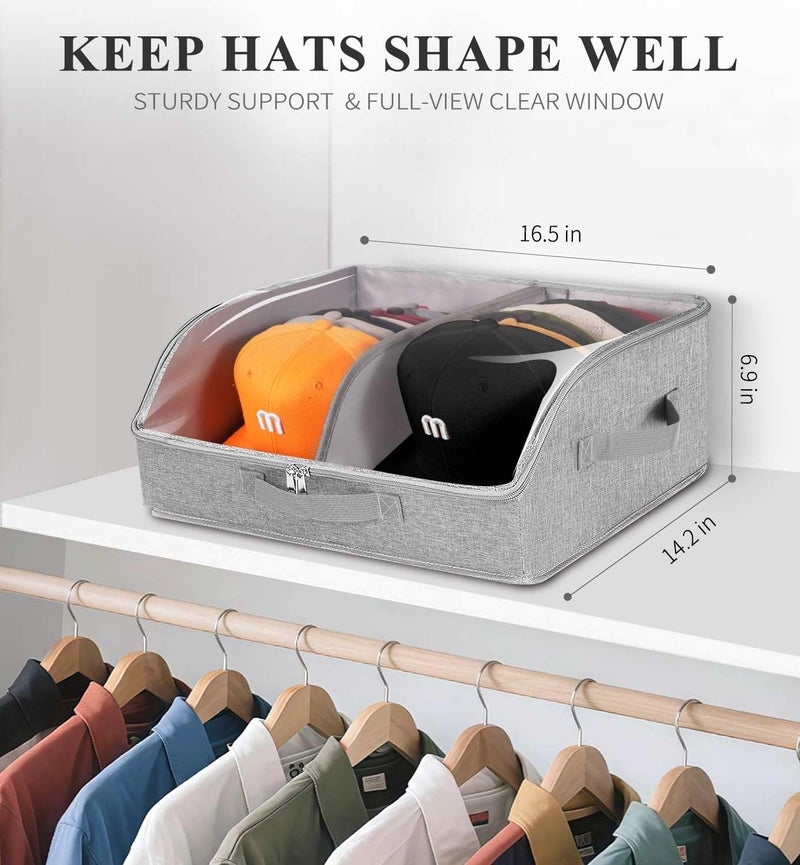 PANGTON Hat Organizer for Baseball Caps, 2 Compartments Clear Window Hat Storage Box for Closet Hold Up to 24 Caps, Hats Holder Container with Sturdy Cardboard for Home Storage | Gray - Image 2
