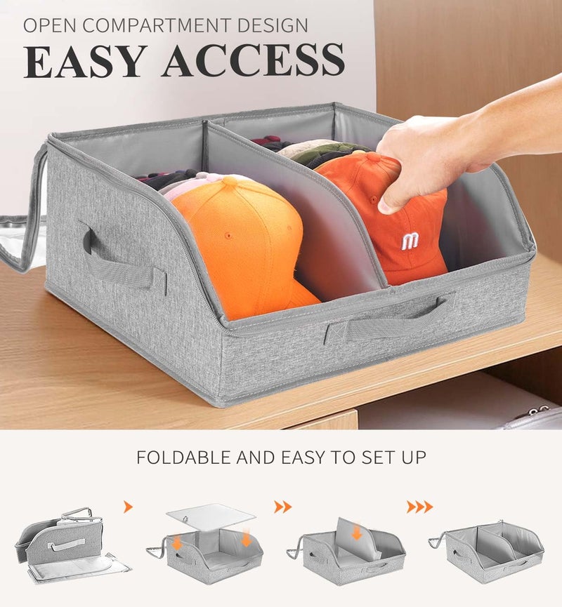 PANGTON Hat Organizer for Baseball Caps, 2 Compartments Clear Window Hat Storage Box for Closet Hold Up to 24 Caps, Hats Holder Container with Sturdy Cardboard for Home Storage | Gray - Image 4