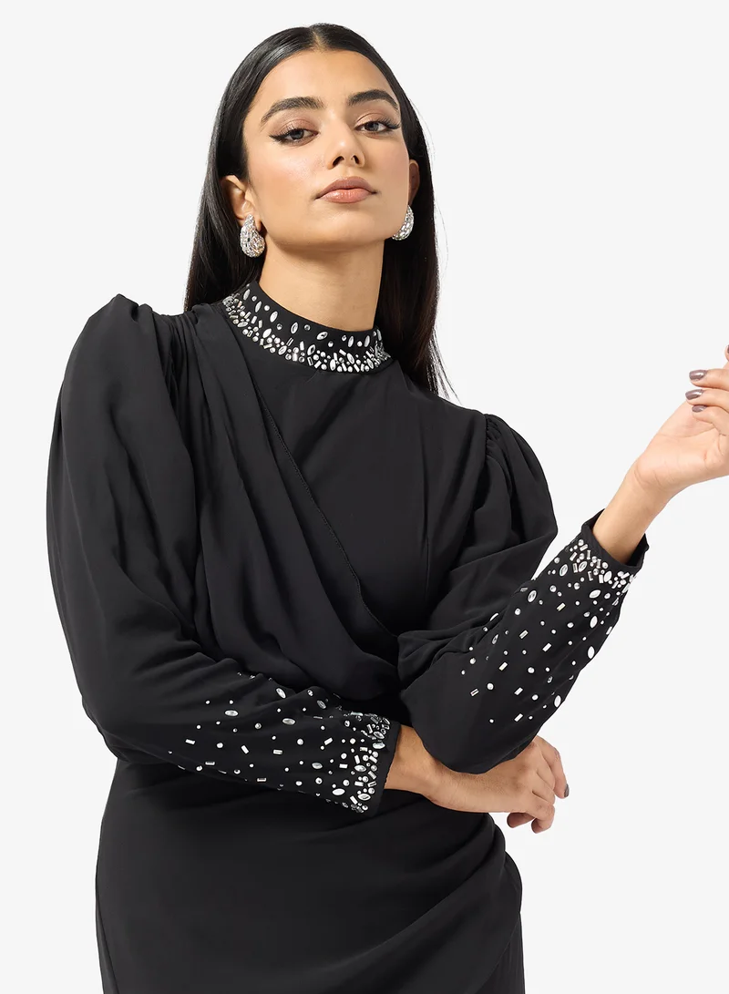 Khizana  Draped Dress With Embellished Neck for Women | Best Price UAE