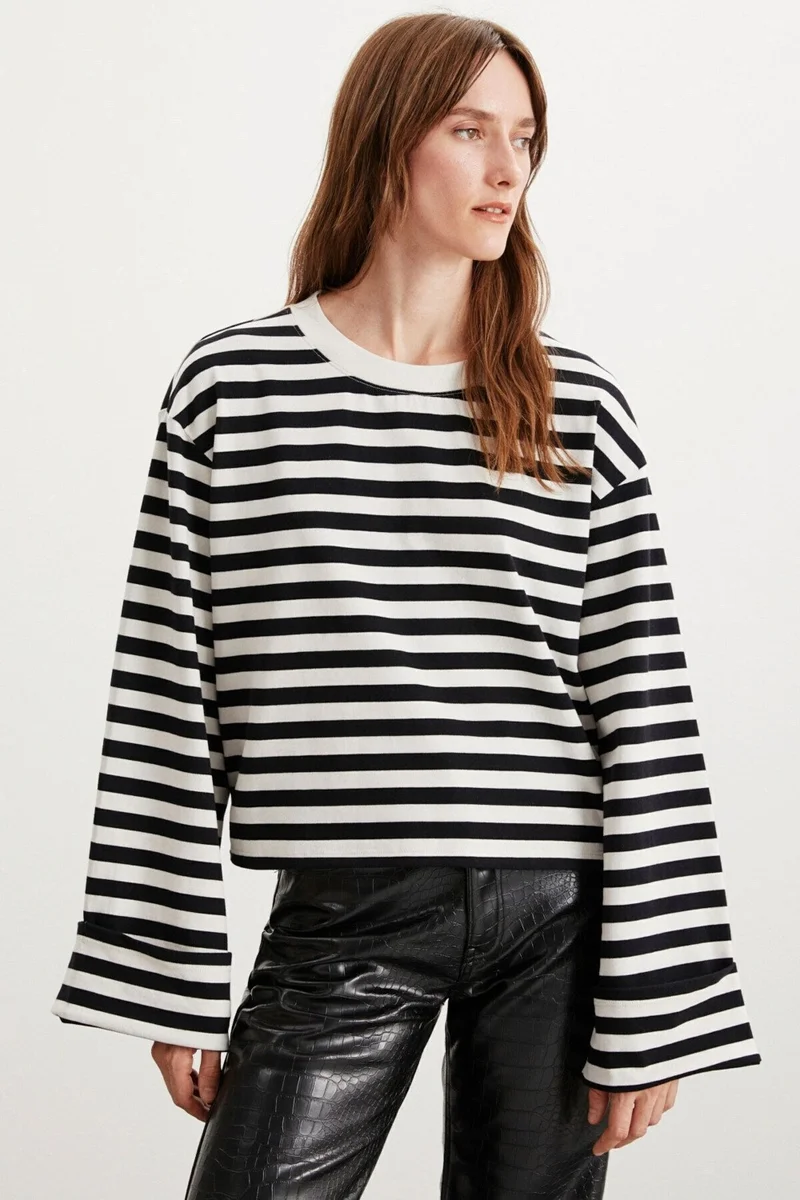 GRIMELANGE Nelda Women's Black and White Striped Patterned Long Wide Sleeve Crew Neck Black - White T-shirt