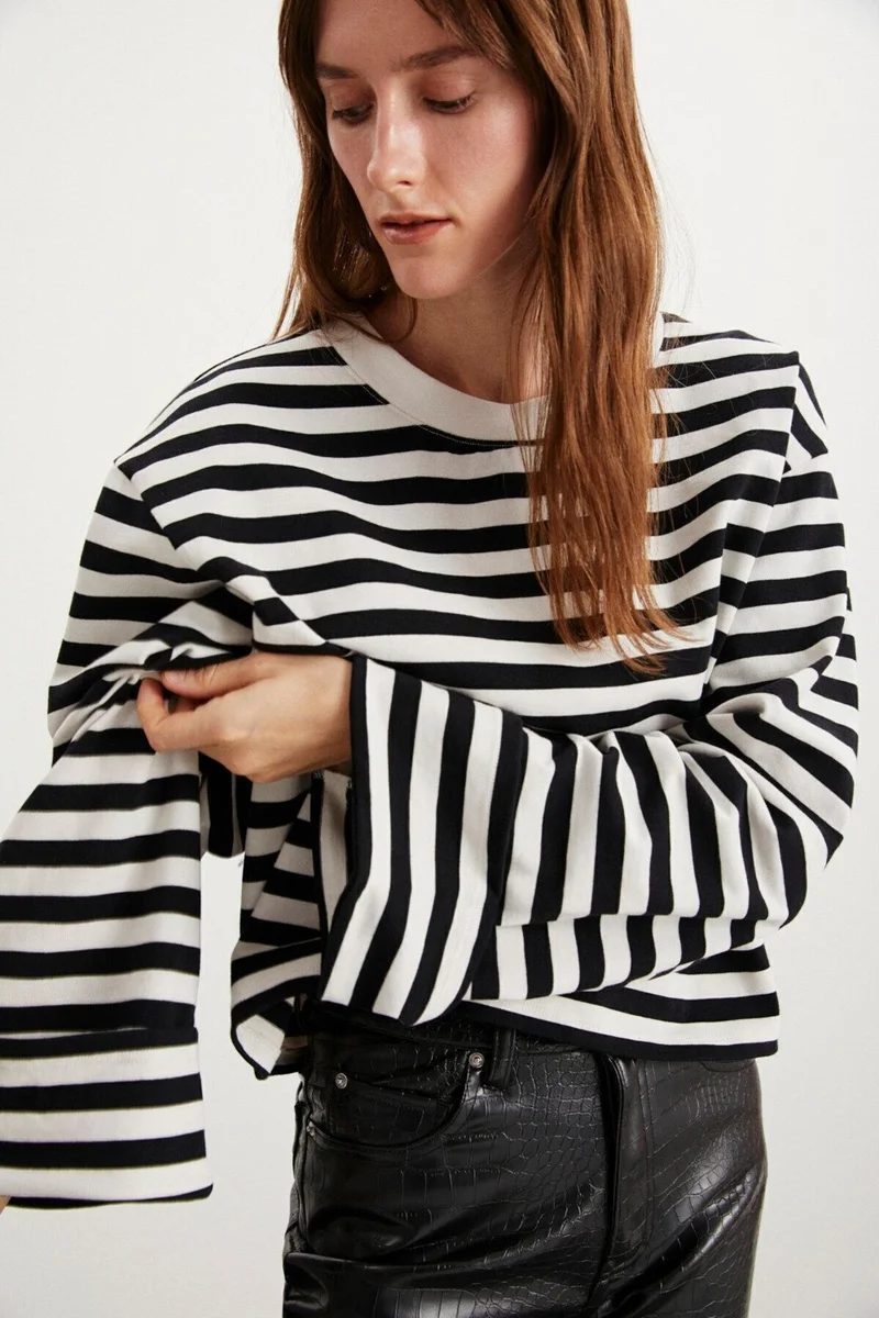 GRIMELANGE Nelda Women's Black and White Striped Patterned Long Wide Sleeve Crew Neck Black - White T-shirt