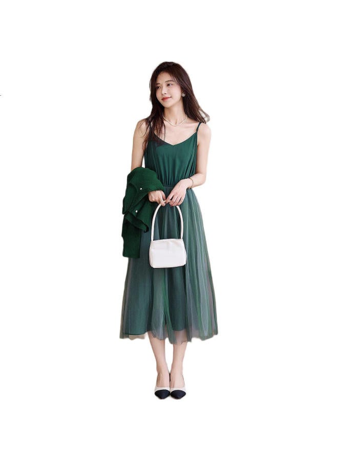 Dme Ballet Style Spring And Autumn Round Neck High Elastic Knitted Sweater Mesh Suspender Skirt Flowy Two-Piece Set Women Dark Green L - Image 3