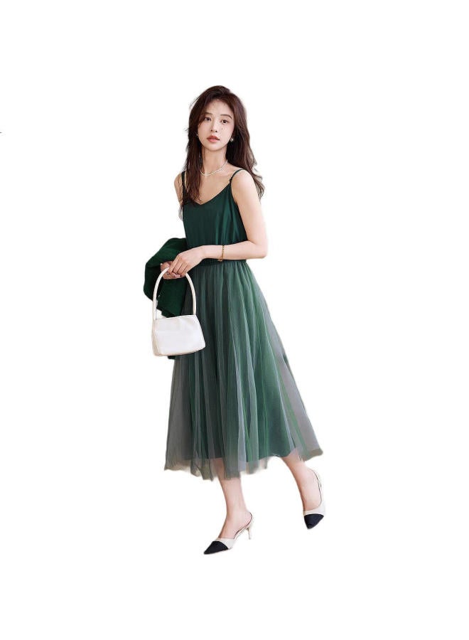Dme Ballet Style Spring And Autumn Round Neck High Elastic Knitted Sweater Mesh Suspender Skirt Flowy Two-Piece Set Women Dark Green L - Image 2