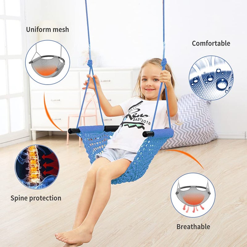 ROPECUBE Hand-Knitting Toddler Swing, Swing Seat for Kids with Adjustable Ropes, Little tikes Swings Set, for Outdoor Indoor, Playground, Backyard (Blue) - Image 4