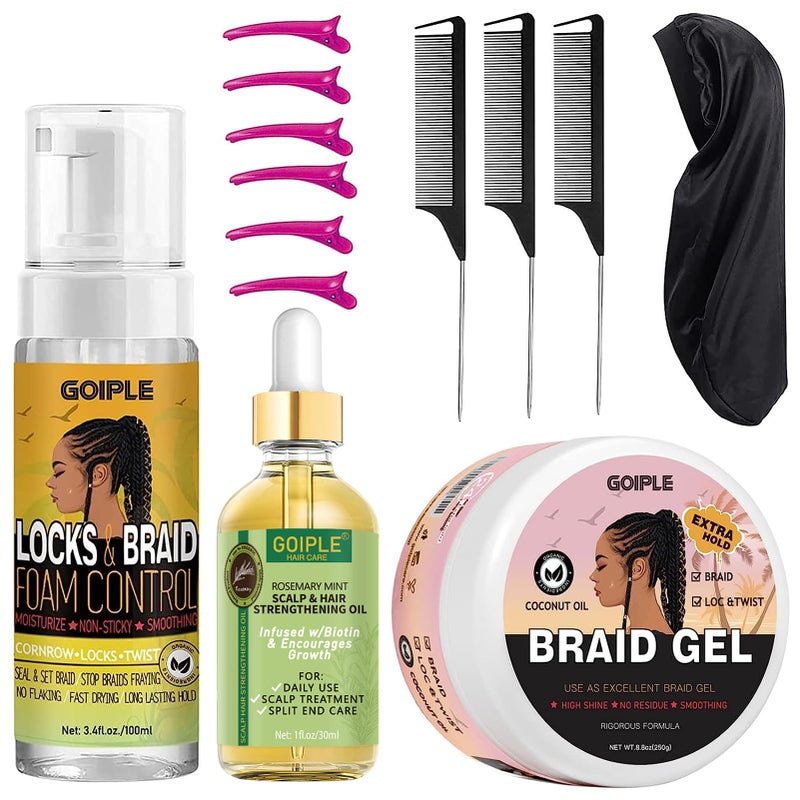 Goiple Extra Hold Styling Gel and Mousse for Braids Twists Locs Cornrows  Frizz Taming Smoothing  Edge Control with Rosemary Hair Growth Oil Bonus Hair Combs Bonnet Clips