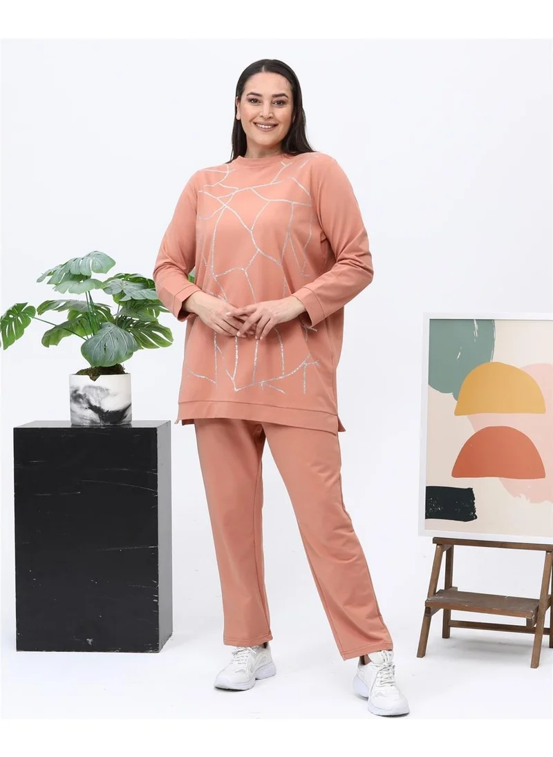 بي ويست Payidar Stone Printed Large Size Double Tracksuit Sportswear Set - 12005 - Salmon