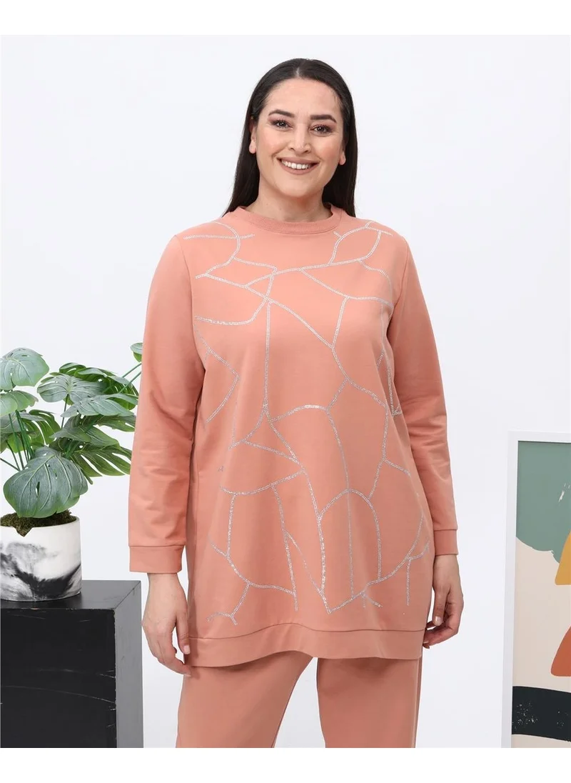 بي ويست Payidar Stone Printed Large Size Double Tracksuit Sportswear Set - 12005 - Salmon