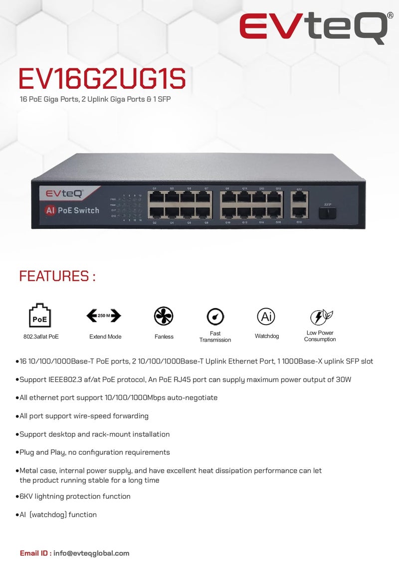 EvteQ POE Switch 16 PoE Giga Ports, 2 Uplink Giga Ports & 1 SFP (EV-16G-2UG-1S) - Image 2
