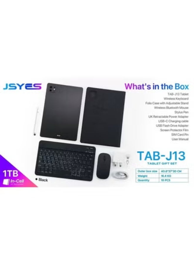 JSYES مجموعة هدايا تاب-جي 13 تابلت أندرويد بحجم 10.1 إنش | سعة 1 تيرابايت | شاشة تعمل باللمس عالية الدقة | شحن سريع عبر USB-C | لوحة مفاتيح لاسلكية، فأرة بلوتوث، قلم ستايلس وحافظة فوليو | تابلت واي فاي محمول للتعلم والعمل والترفيه – أسود - Image 3
