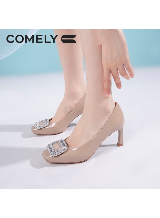 Comely Square Buckle High Heels For Women, Spring Commuter Square Toe Fashionable French Rhinestone Pumps, Thin Heel Shoes, Milk Tea Color, Size 34 - Image 3