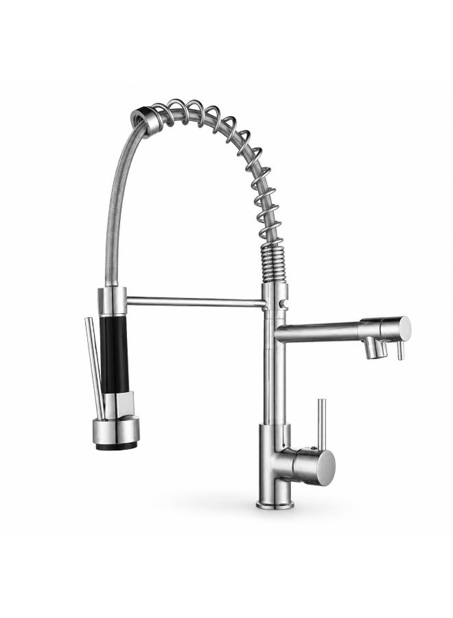 Euro Spring Commercial Kitchen Mixer Tap with Dual Spout - High-Arch Pull-Down Sprayer & Independent Pot Filler, 360° Swivel & Single Handle Control | Chrome Finish - Image 1
