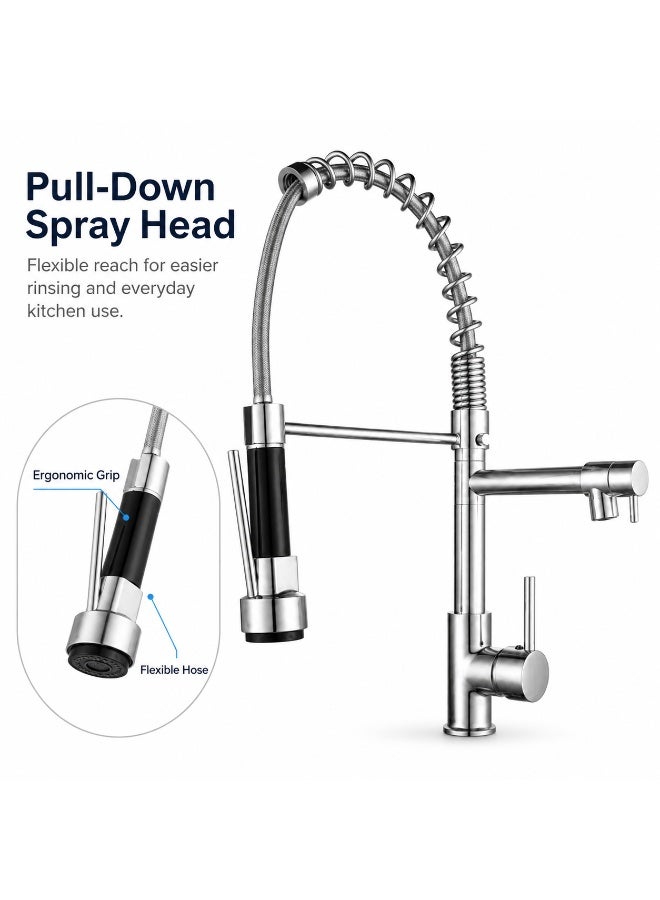 Euro Spring Commercial Kitchen Mixer Tap with Dual Spout - High-Arch Pull-Down Sprayer & Independent Pot Filler, 360° Swivel & Single Handle Control | Chrome Finish - Image 2