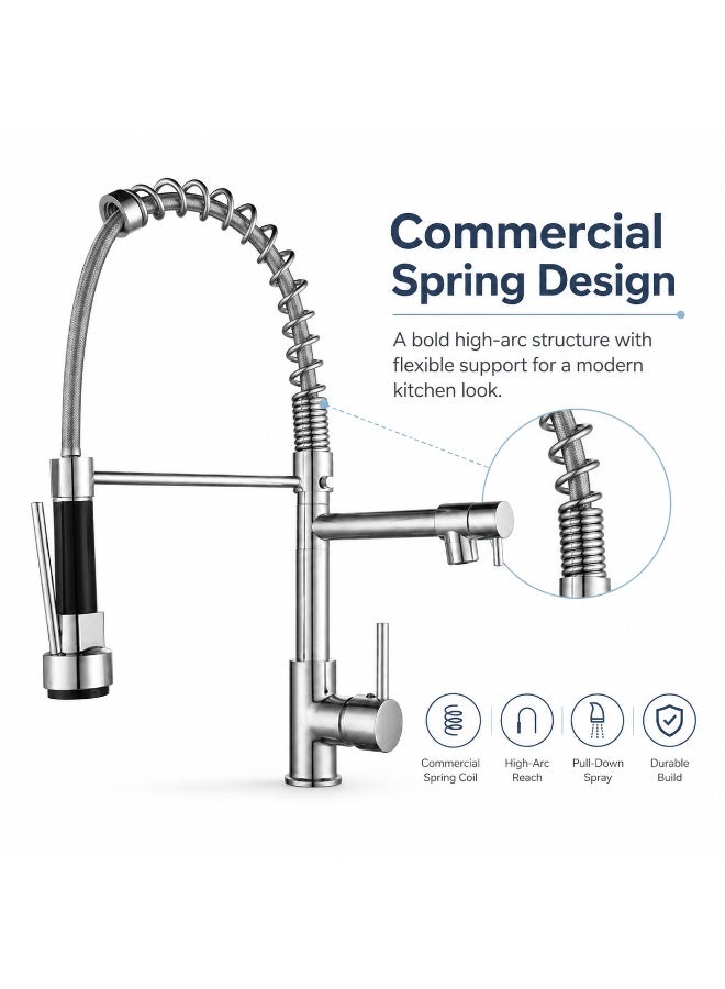 Euro Spring Commercial Kitchen Mixer Tap with Dual Spout - High-Arch Pull-Down Sprayer & Independent Pot Filler, 360° Swivel & Single Handle Control | Chrome Finish - Image 3