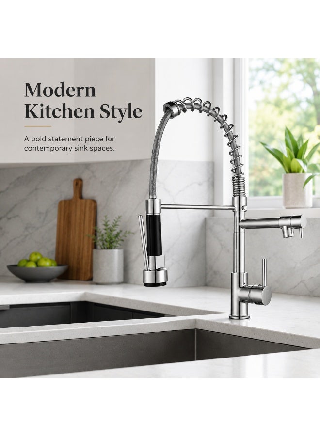Euro Spring Commercial Kitchen Mixer Tap with Dual Spout - High-Arch Pull-Down Sprayer & Independent Pot Filler, 360° Swivel & Single Handle Control | Chrome Finish - Image 5