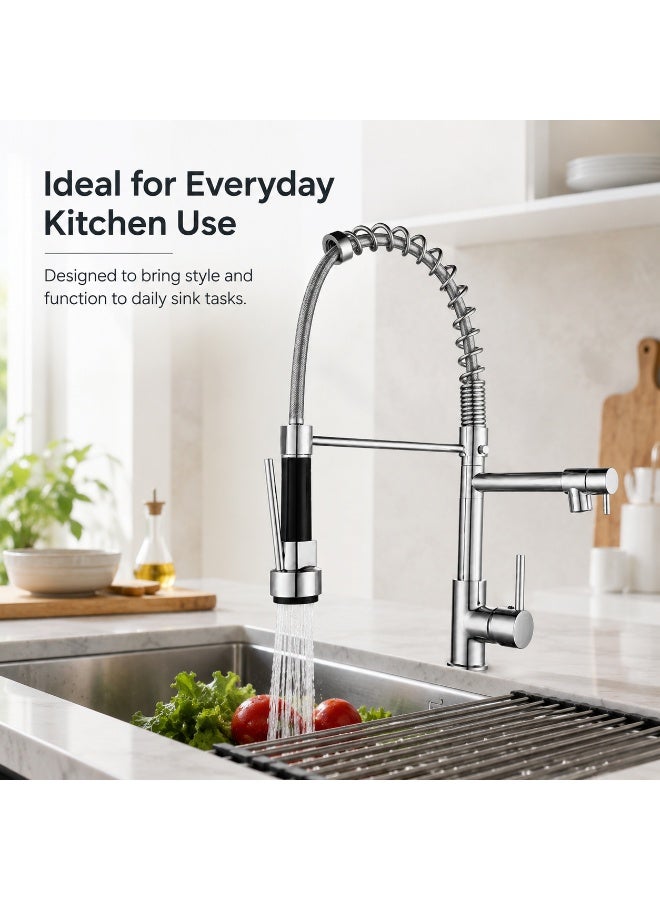 Euro Spring Commercial Kitchen Mixer Tap with Dual Spout - High-Arch Pull-Down Sprayer & Independent Pot Filler, 360° Swivel & Single Handle Control | Chrome Finish - Image 4