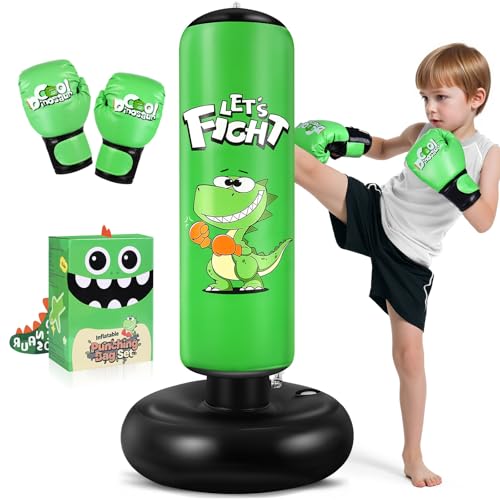 Esnowlee Inflatable Punching Bag 48 Inflatable Boxing Bag for Kids with Boxing Gloves for 38 Kids Stable Boxing Set for Practicing Karate TaekwondoDinosaur Toy Gifts for Boys Green - Image 1