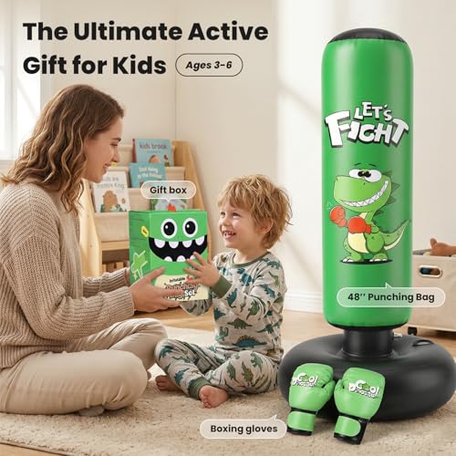 Esnowlee Inflatable Punching Bag 48 Inflatable Boxing Bag for Kids with Boxing Gloves for 38 Kids Stable Boxing Set for Practicing Karate TaekwondoDinosaur Toy Gifts for Boys Green - Image 3