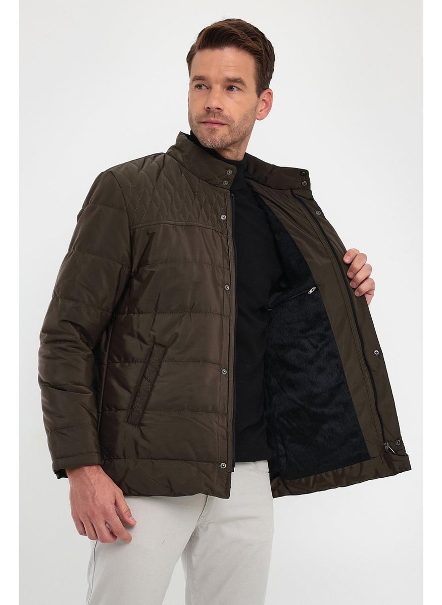 Sivaist - Men's Brown Standard Fit Normal Cut Fur Lined Stand Collar Snap Detail Zippered Winter Coat - Image 1
