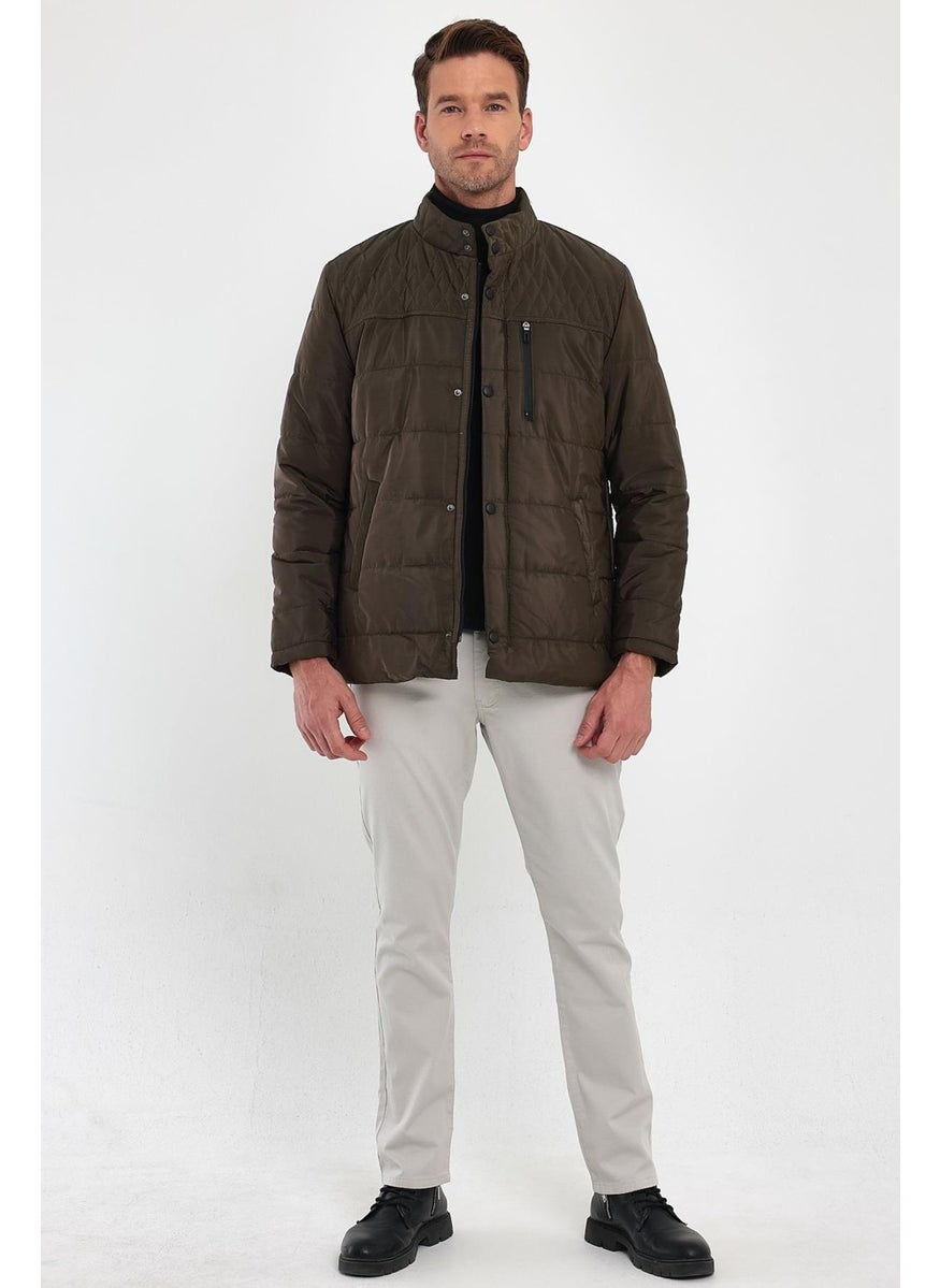 Sivaist - Men's Brown Standard Fit Normal Cut Fur Lined Stand Collar Snap Detail Zippered Winter Coat - Image 1