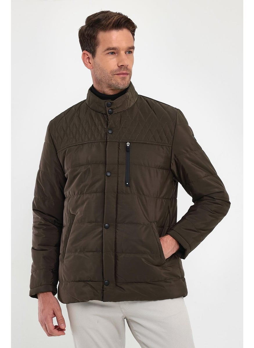Sivaist - Men's Brown Standard Fit Normal Cut Fur Lined Stand Collar Snap Detail Zippered Winter Coat - Image 1