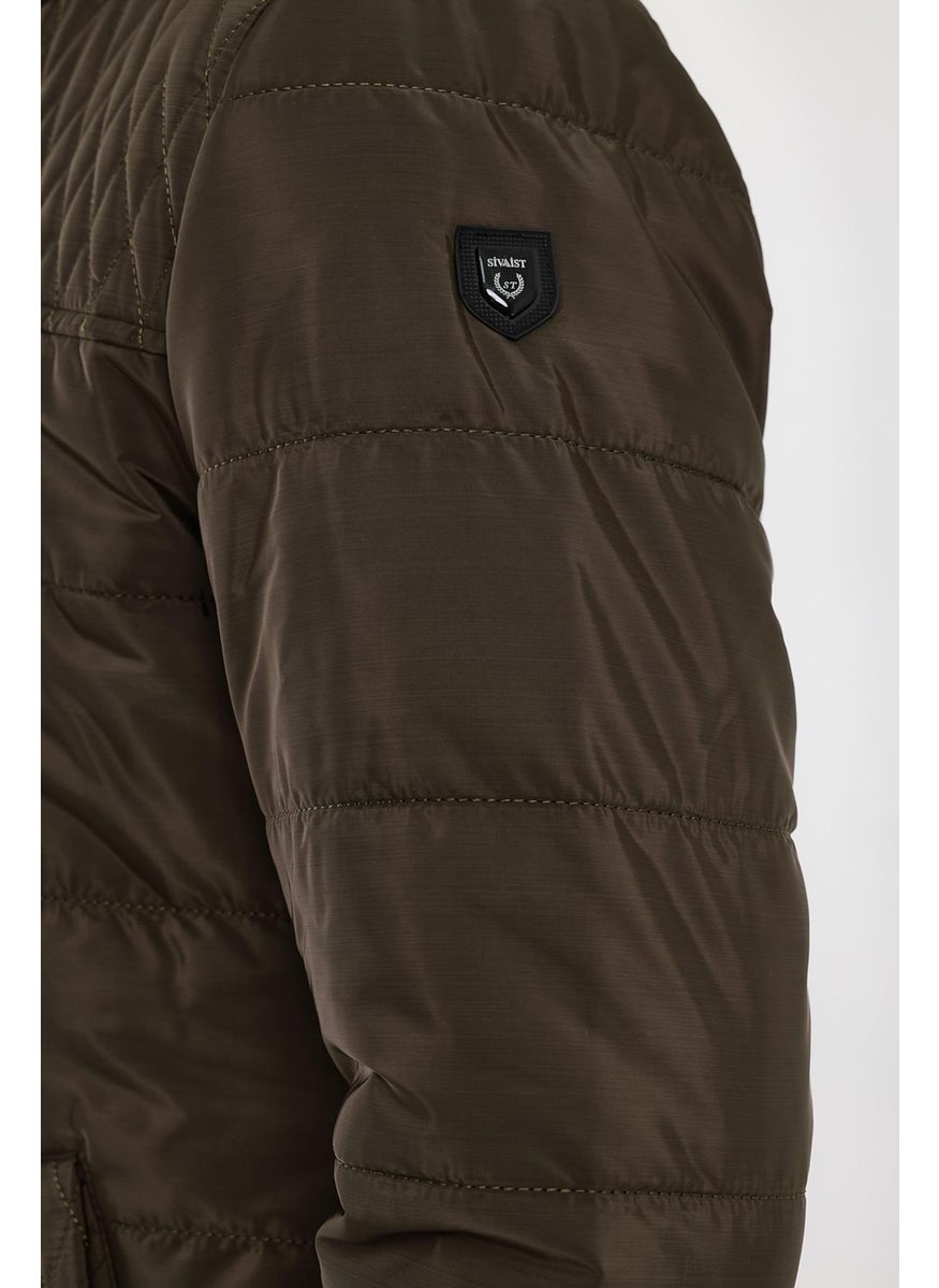 Sivaist - Men's Brown Standard Fit Normal Cut Fur Lined Stand Collar Snap Detail Zippered Winter Coat - Image 1