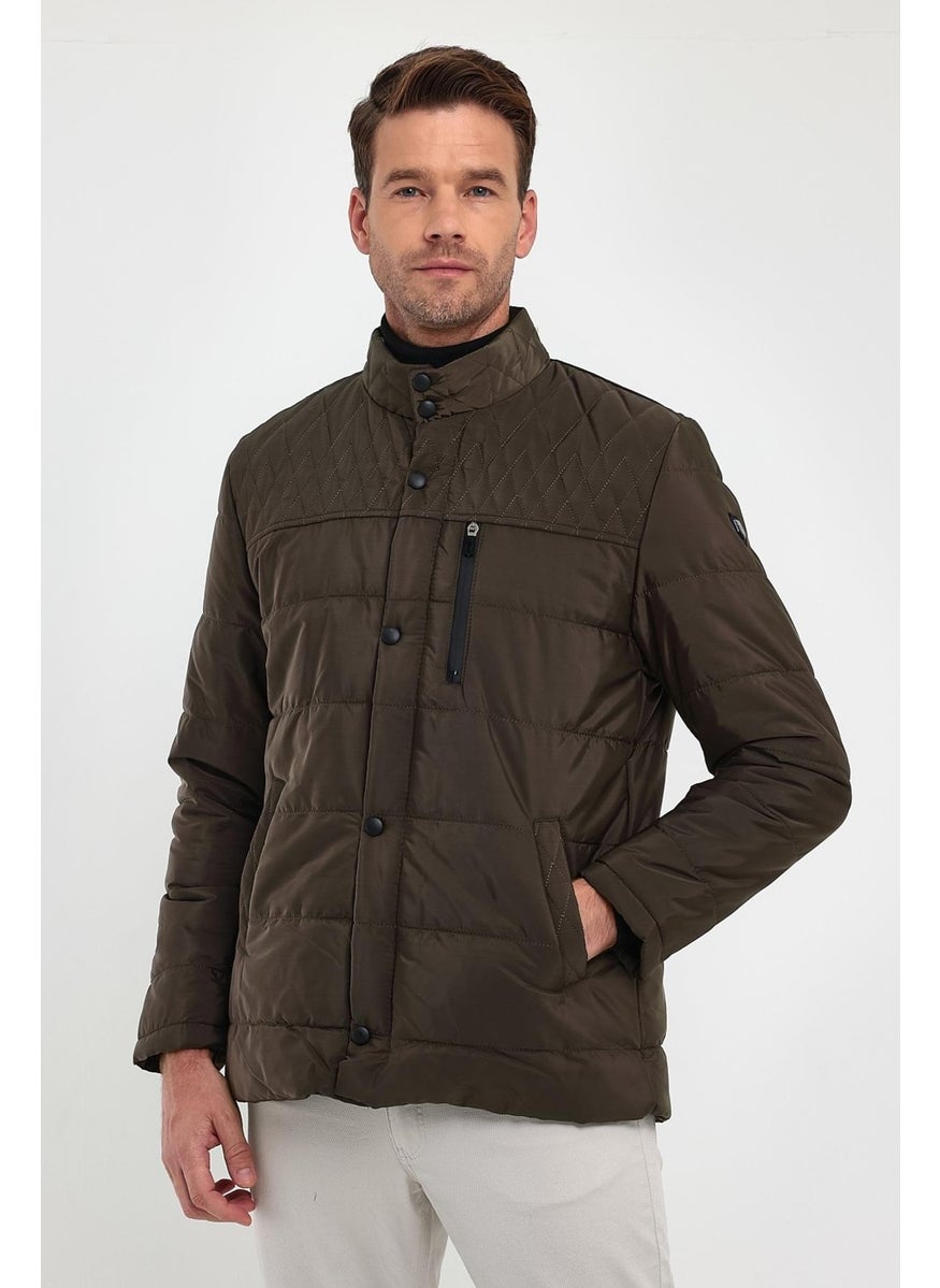 Sivaist - Men's Brown Standard Fit Normal Cut Fur Lined Stand Collar Snap Detail Zippered Winter Coat - Image 1