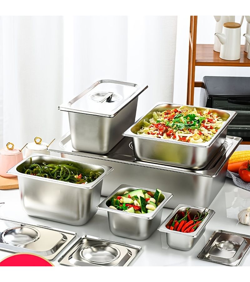 Thickened Stainless Steel Rectangular Buffet Food Pan With Lid Small Large Capacity Moisture Proof Smooth Edges For Buffet Cafeteria Ice Cream Jam - Image 2