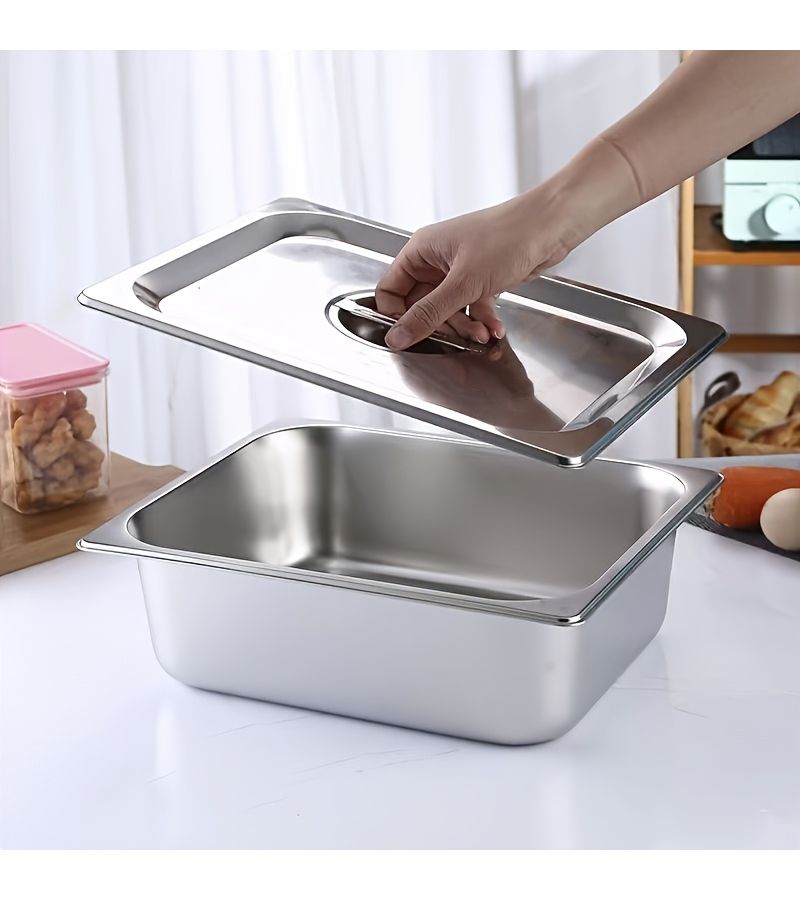 Thickened Stainless Steel Rectangular Buffet Food Pan With Lid Small Large Capacity Moisture Proof Smooth Edges For Buffet Cafeteria Ice Cream Jam - Image 1
