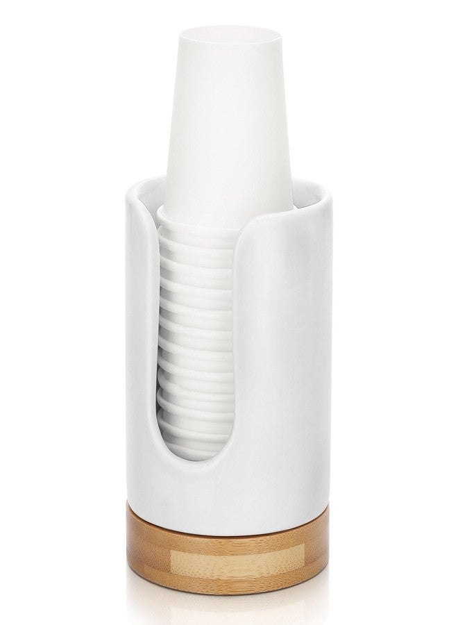 Soleebee Ceramic Bathroom Cup Dispenser, Hold 3 oz Mouthwash Cup Disposable Paper Holder Small Cup Dispenser Bamboo Base Cup Holder (White) - Image 1