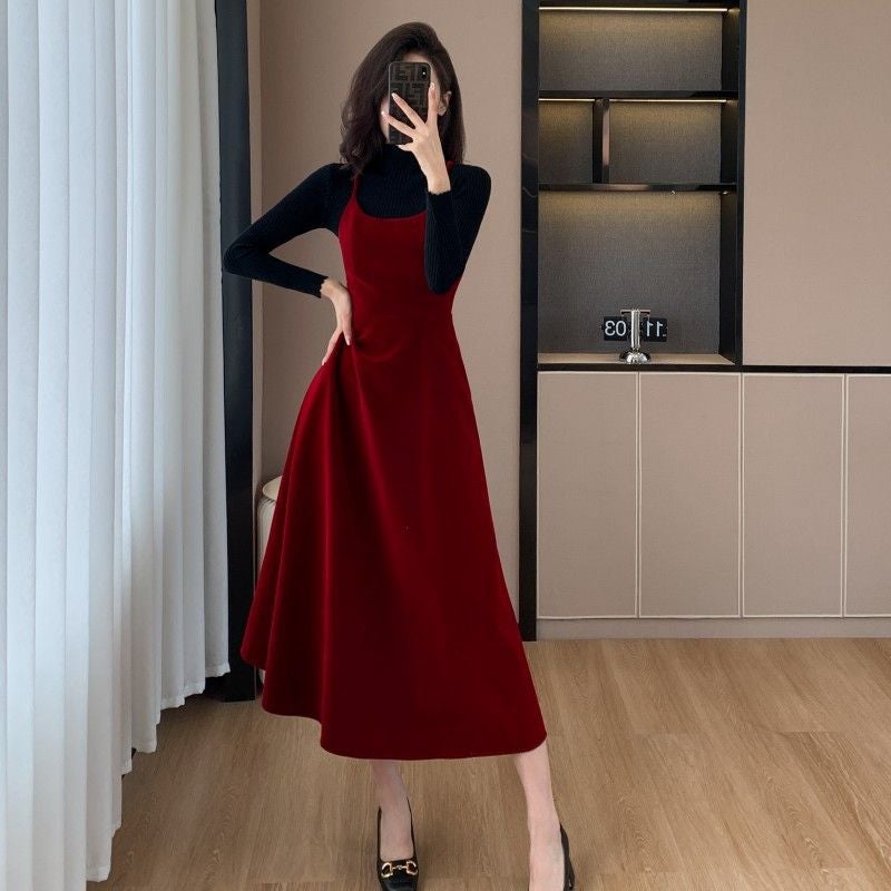 Autumn Velvet Dress  Coat Two-Piece Set Red suit