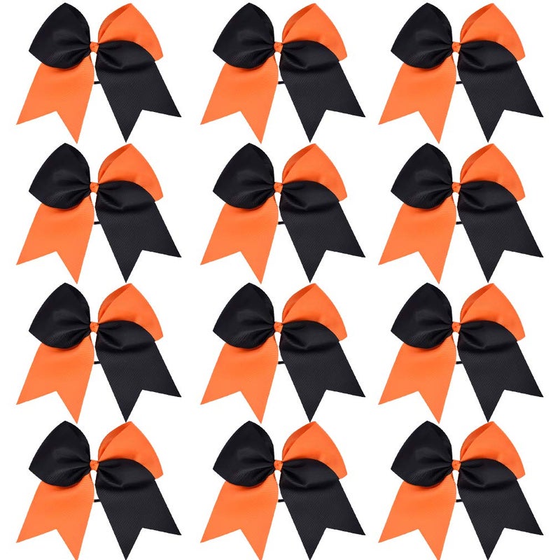 DEEKA 12PCS 8 Two Toned Large Cheer Hair Bows Ponytail Holder Handmade for Teen Girls Softball Cheerleader SportsOrangeBlack
