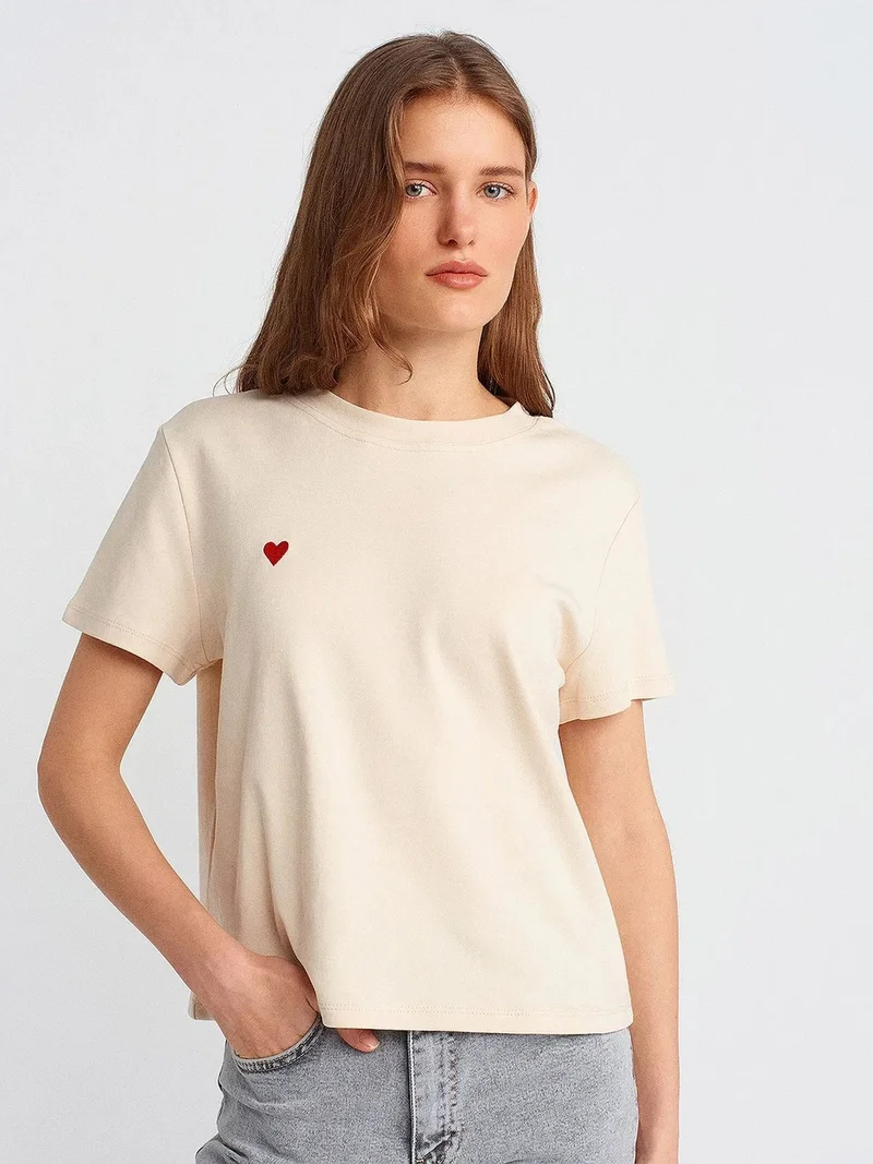 ديلفين DILVIN Women's Cotton Crew Neck T-Shirt With Embroidery