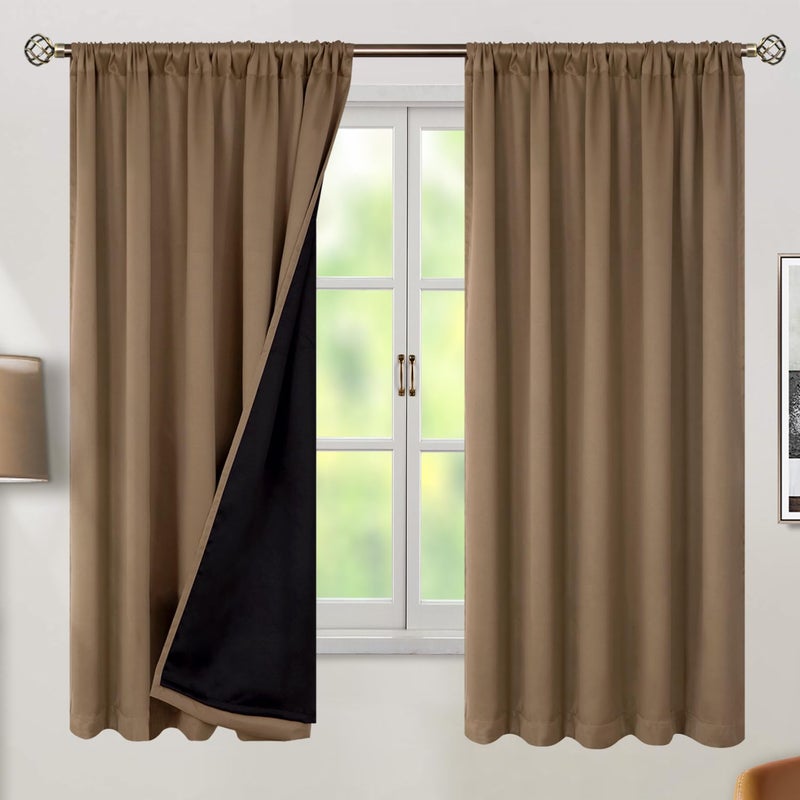 BGment 100% Room Darkening Thermal Insulated Blackout Curtains 63 Inches Long with Liner  Rod Pocket and Back Tab Double Layer Noise Cancelling Curtains for Bedroom (52 x 63 Inch  2 Panels  Taupe) - Image 2