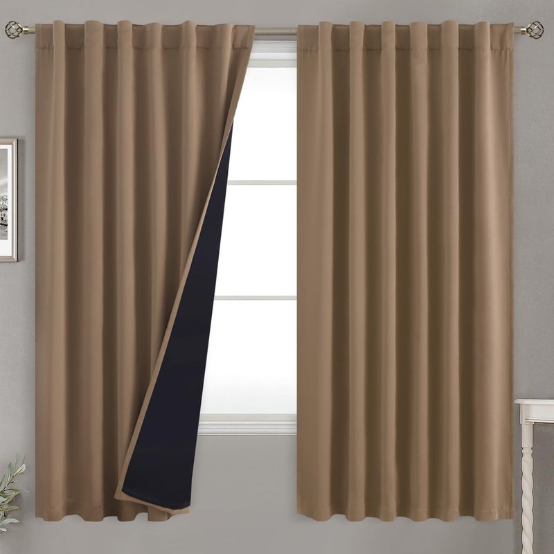 BGment 100% Room Darkening Thermal Insulated Blackout Curtains 63 Inches Long with Liner  Rod Pocket and Back Tab Double Layer Noise Cancelling Curtains for Bedroom (52 x 63 Inch  2 Panels  Taupe) - Image 1