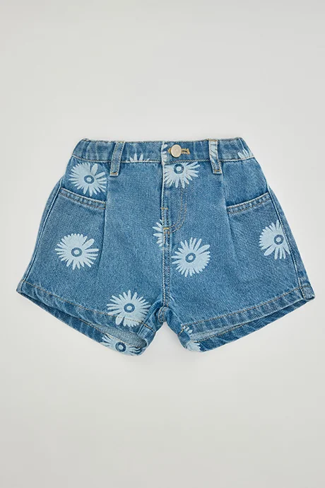 أر أند بي Printed Denim Shorts with Button Closure