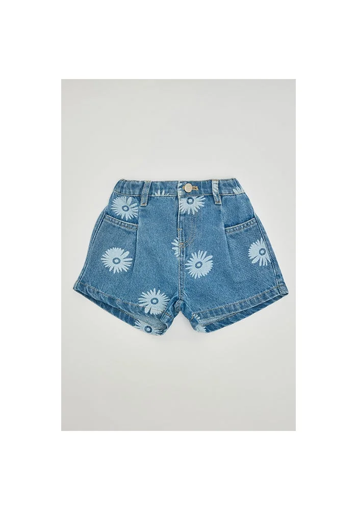R&b Printed Denim Shorts with Button Closure
