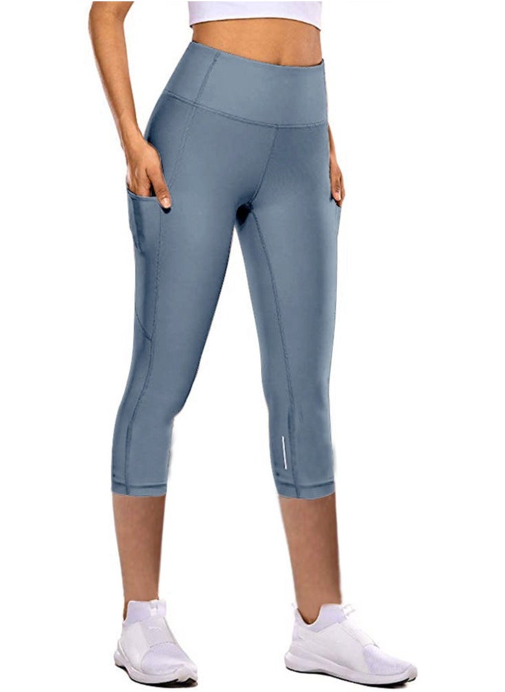 Loquat - Women's Sports High Waist Hip Lifting Quarter Tight Yoga Pants Blue - Image 1