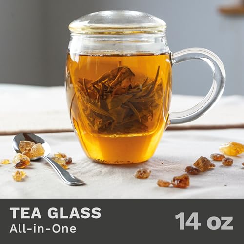Creano Tea Glass with Infuser and Lid 400ml - Large Tea Cup - Microwave & Dishwasher Safe - Loose Leaf Tea Maker Gift Set - Image 2