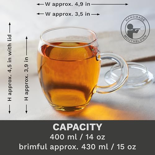 Creano Tea Glass with Infuser and Lid 400ml - Large Tea Cup - Microwave & Dishwasher Safe - Loose Leaf Tea Maker Gift Set - Image 4
