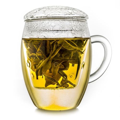 Creano Tea Glass with Infuser and Lid 400ml - Large Tea Cup - Microwave & Dishwasher Safe - Loose Leaf Tea Maker Gift Set - Image 1