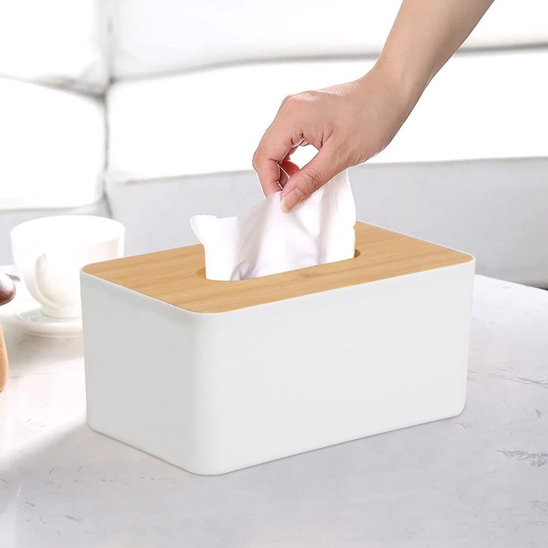 Onward Square Shape Wooden Cover Plastic Tissue Box Holder, Wooden Rectangular Tissue Box Holder for Storage on Bathroom Vanity, Countertop, Bedroom Dresser, Night Stand, Desk - Image 2