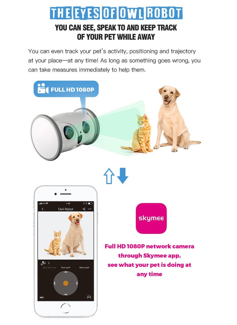SKYMEE - Owl Robot with Camera and Pet Treat Dispenser Both Ways Communication to Pets Suitalbe for Dogs and Cats Owner Mobile Control via Phone APP Movable Camera HD and Night Vision - Image 1