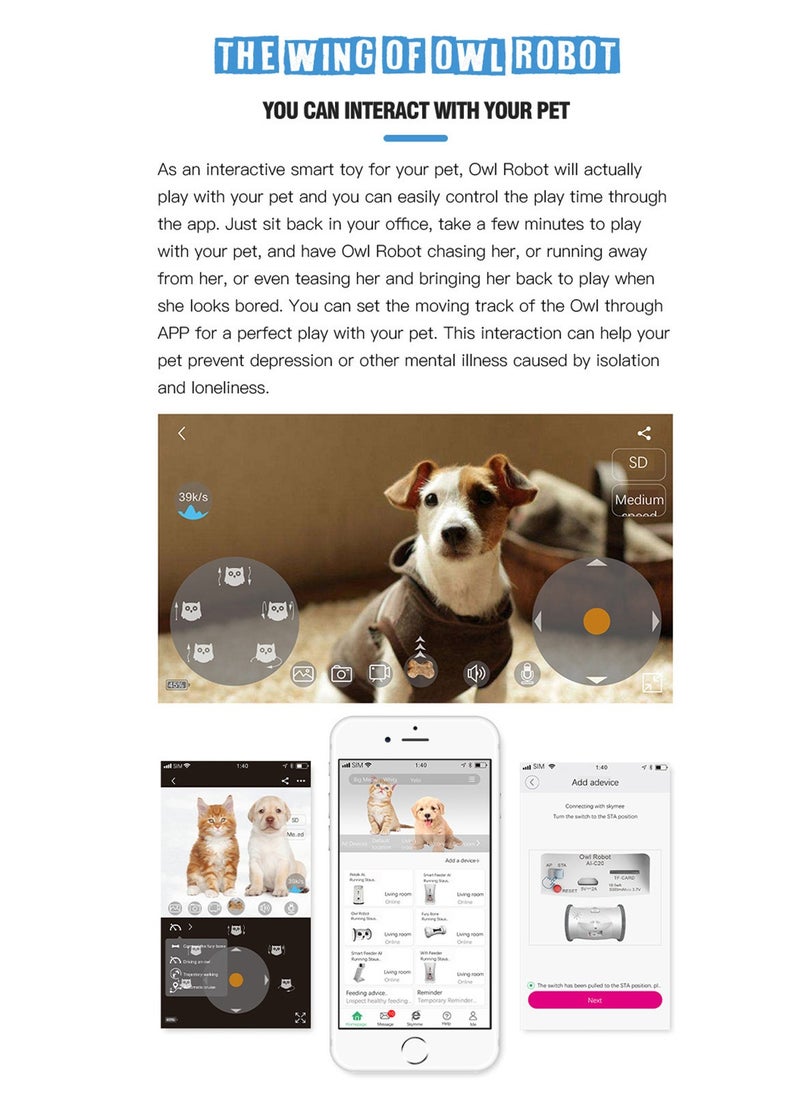 SKYMEE - Owl Robot with Camera and Pet Treat Dispenser Both Ways Communication to Pets Suitalbe for Dogs and Cats Owner Mobile Control via Phone APP Movable Camera HD and Night Vision - Image 1