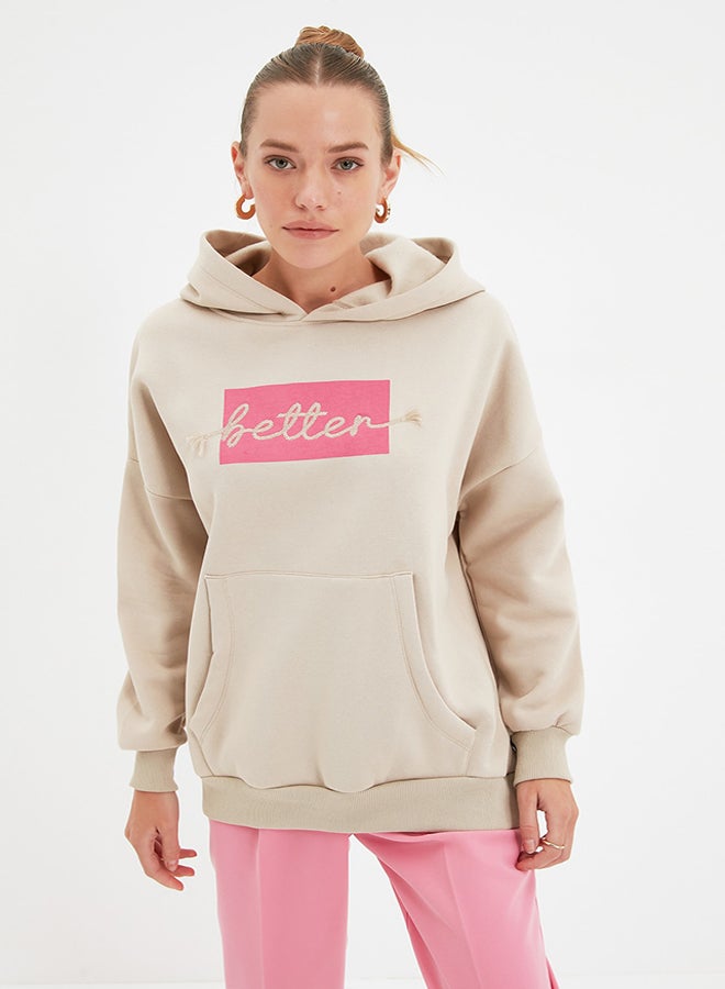 trendyol Stone Thick Fleece Inside, Embroidery Oversized/Wide Fit Hoodie, Knitted Sweatshirt with Pocket TWOAW22SW1855. - Image 2