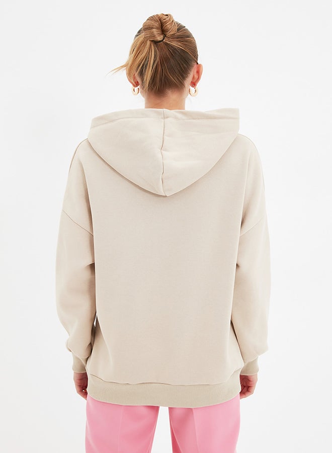 trendyol Stone Thick Fleece Inside, Embroidery Oversized/Wide Fit Hoodie, Knitted Sweatshirt with Pocket TWOAW22SW1855. - Image 4