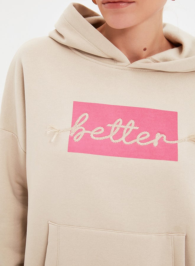 trendyol Stone Thick Fleece Inside, Embroidery Oversized/Wide Fit Hoodie, Knitted Sweatshirt with Pocket TWOAW22SW1855. - Image 3