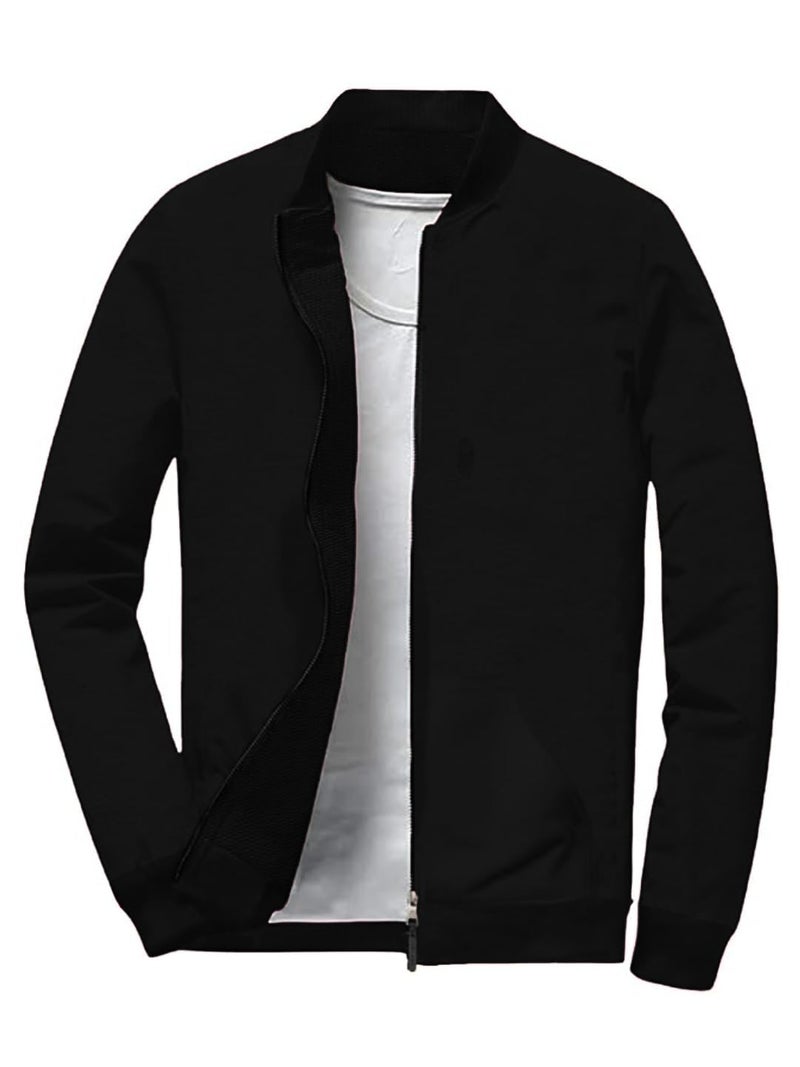 LEOTUDE Men's Full Sleeve Solid Loopknit Regular Fit Bomber Jacket (ZIPPER02_P_Black_L) - Image 2