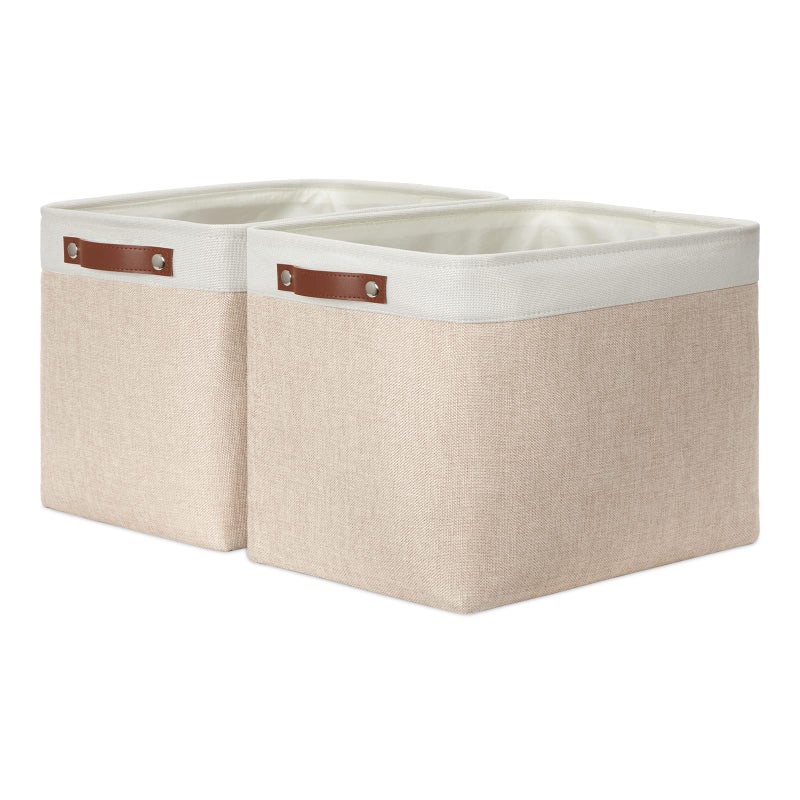 DULLEMELO 2Pack Large Storage Baskets for Organizing 16x12x12 Canvas Fabric Storage Basket Bins With Leather Handles for Shelf Clothes Empty Gift Basket WhiteKhaki