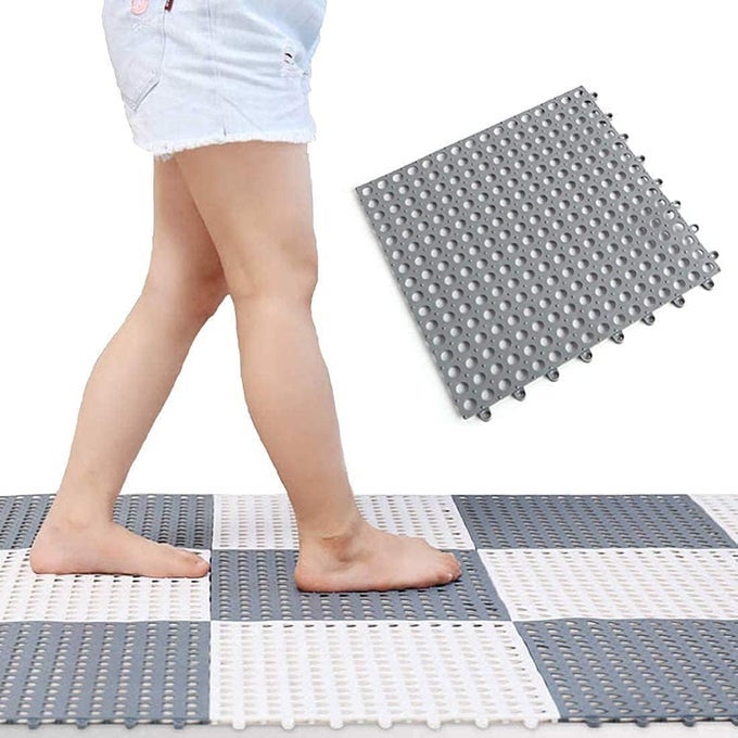 INTERLOCKING PVC FLOOR TILES 118 WATERPROOF MATS WITH DRAIN HOLES ANTISLIP QUICK INSTALL FOR BATHROOM KITCHEN PATIO POOL PACK OF 12