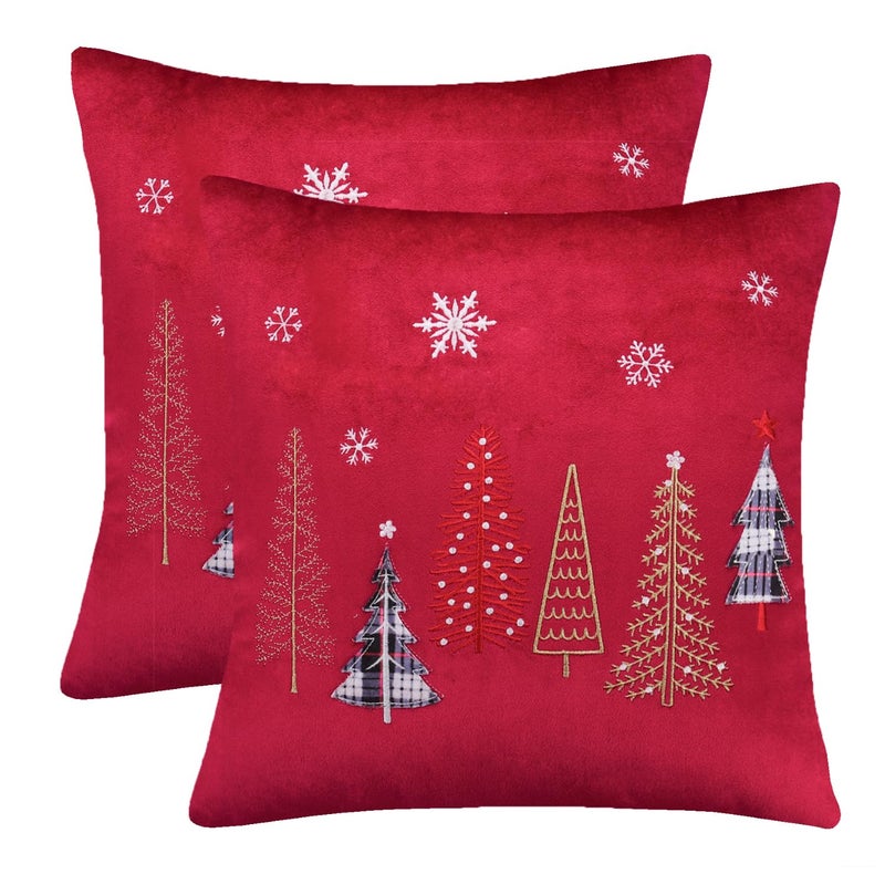 Tosleo Christmas Embroidery Throw Pillow Covers 20 x 20 inch Set of 2 Christmas Dec Velvet Pillowcases Red Christmas Tree Cushion Pillow Cases Soft Square Holiday Pillowcase